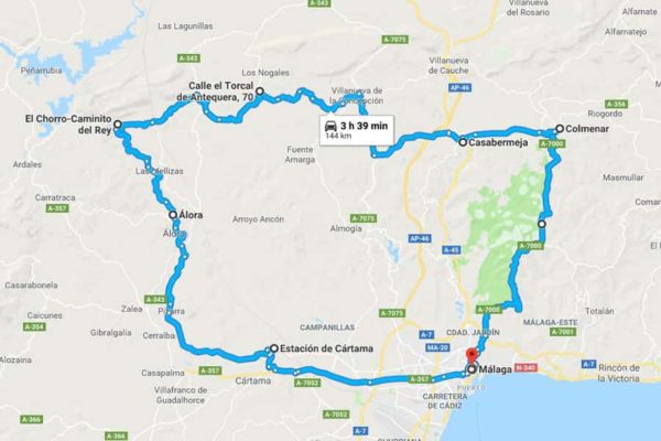 Mapa de la ruta del Torcal de Antequera y El Chorro